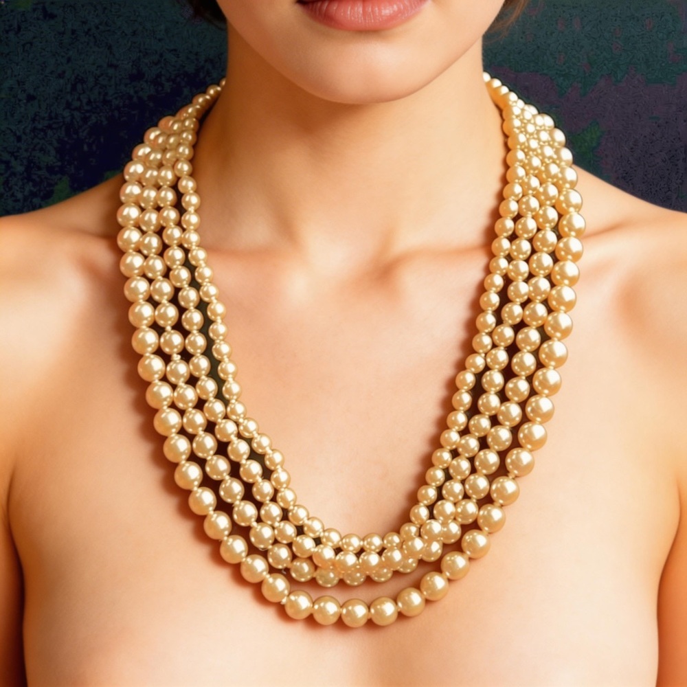 4 Strand Gold Pearl Necklace Ornate Silver Clasp With Rhinestones